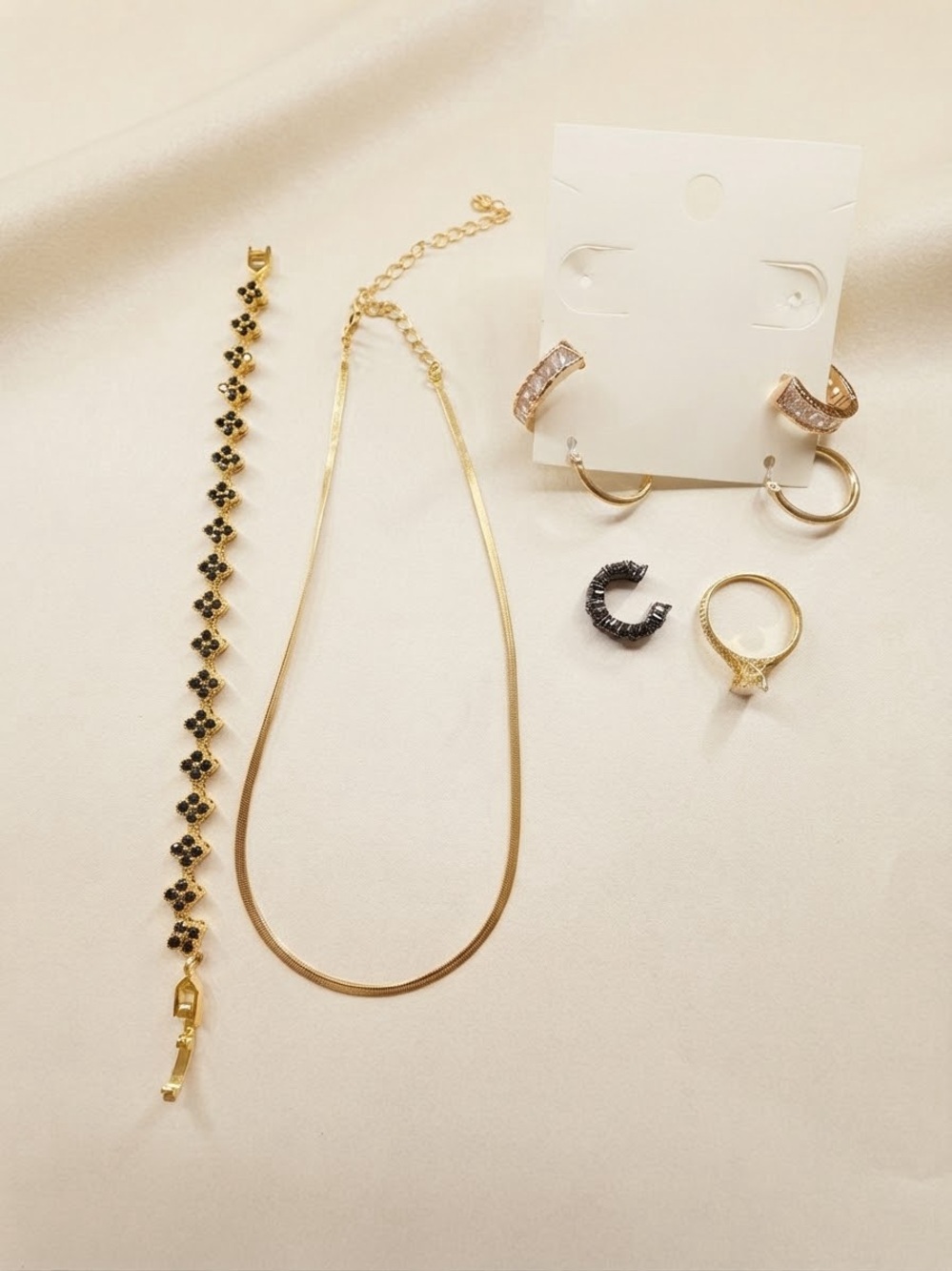 14K Gold Plated set 1 Necklance, 1 Bracelet, 4 Earrings, 1 Ring 7, Piercing